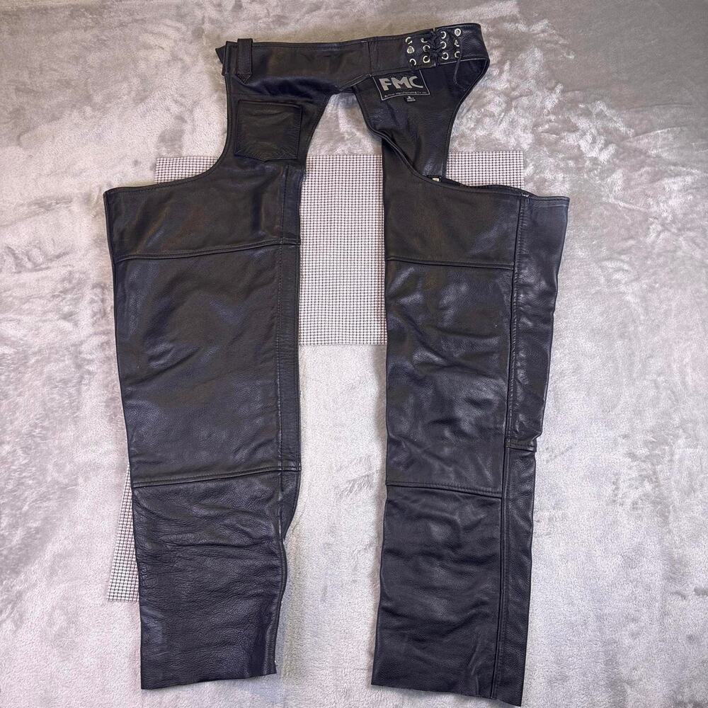 FMC Leather Motorcycle Chaps Mens Small Black Biker Riding Pants Leather Chaps